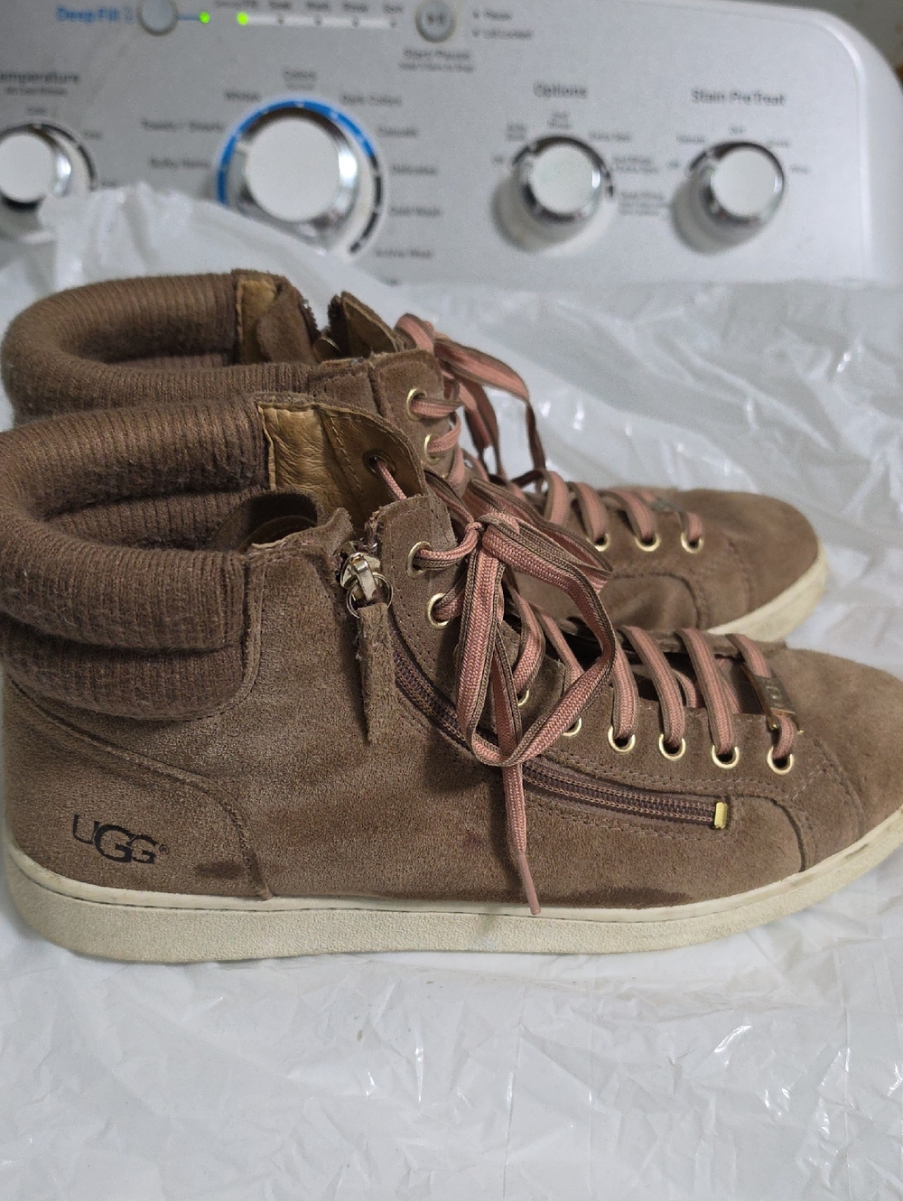 UGG Beige/Tan Suede High-Top Sneakers with Knit Collar